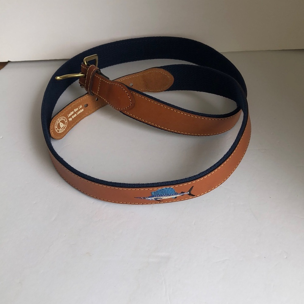 Top grain leather brass fish belt hand made in Essex Ct city cognac size 48
